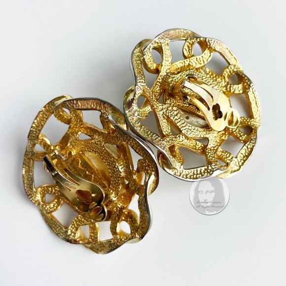 Faux Pearl and Gold Metal Chain Earrings Large Round Vintage Clip On 80s Retro - Picture 7 of 10